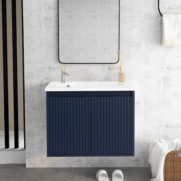 Unbranded 24 in. W x 18 in. D x 18.5 in. H Floating Bath Vanity in Navy Blue with White Resin Top Drop-Shaped Sink