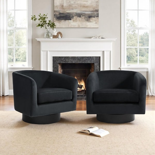 Modern Black Velvet Upholstered 360°Swivel Accent Arm Chair with Wood Base(Set of 2)