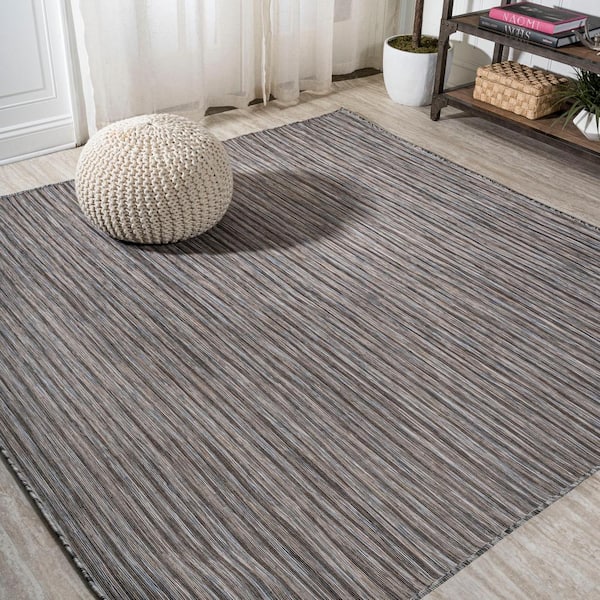 Finn Modern Farmhouse Pinstripe Dary Gray/Blue 6 ft. 7 in. Square Indoor/Outdoor Area Rug