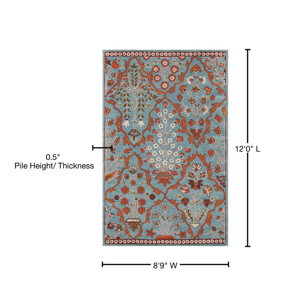 Handmade Wyndham Floral Geometric Blue Wool Area Rug 9' x 12'