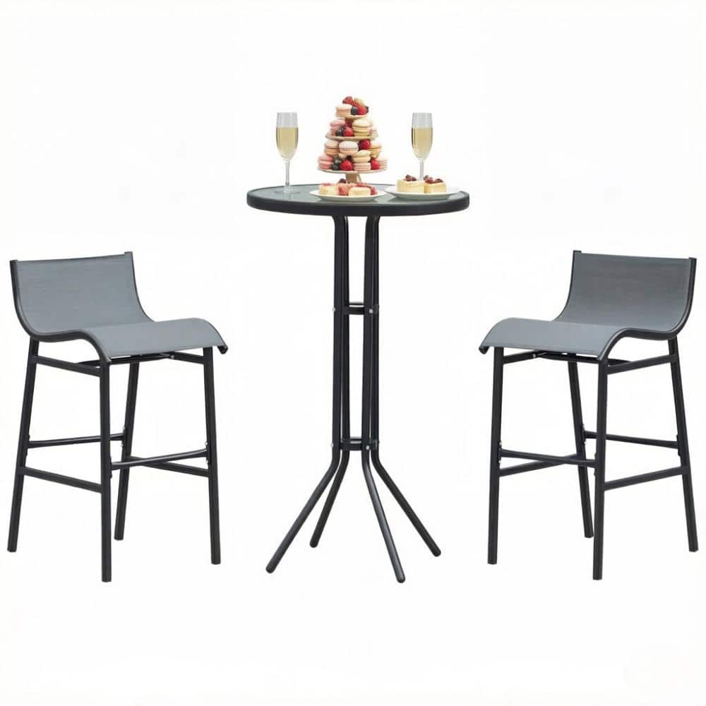 23.5 in. Round Tempered Glass Bistro Table and 2 Mesh Chairs Set in Black/Charcoal Gray price history on PriceWatchPro