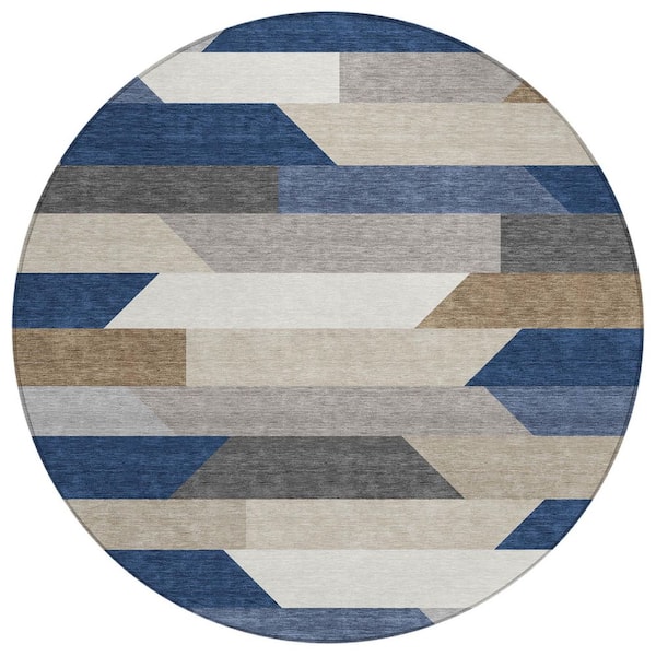 Chantille Machine Washable Indoor/Outdoor Abstract ACN3113 Navy 8 ft. x 8 ft. Round Rug