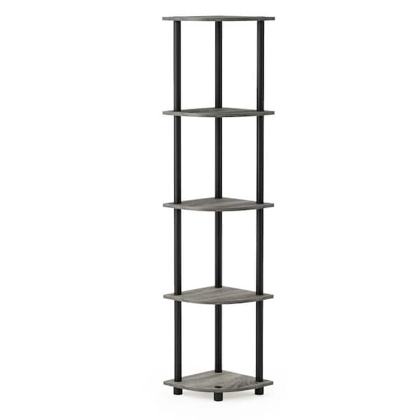 null 57.7 in. French Oak Gray/Black Plastic 5-shelf Corner Bookcase with Open Storage