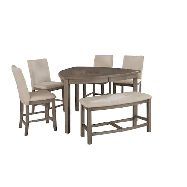 Best Quality Furniture Esmeralda 6-Piece Counter Height Dining Set with Beige Linen Fabric Chairs and Bench.