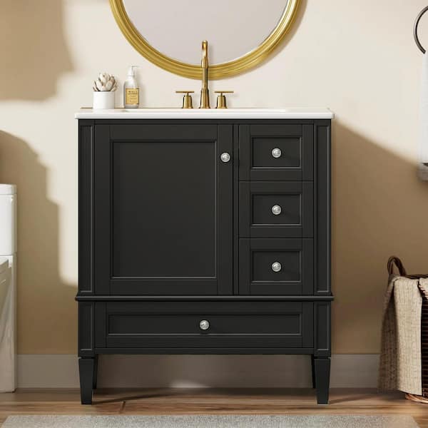 30 in. W Single Sink Freestanding Black Bath Vanity with White Ceramic Top and 3 Drawers, Unassembled