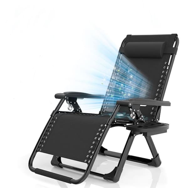 SEEUTEK Black Metal Zero Gravity Chair with Fans, Reclining Camping Chaise Lounge, Patio Folding Chairs for Indoor and Outdoor