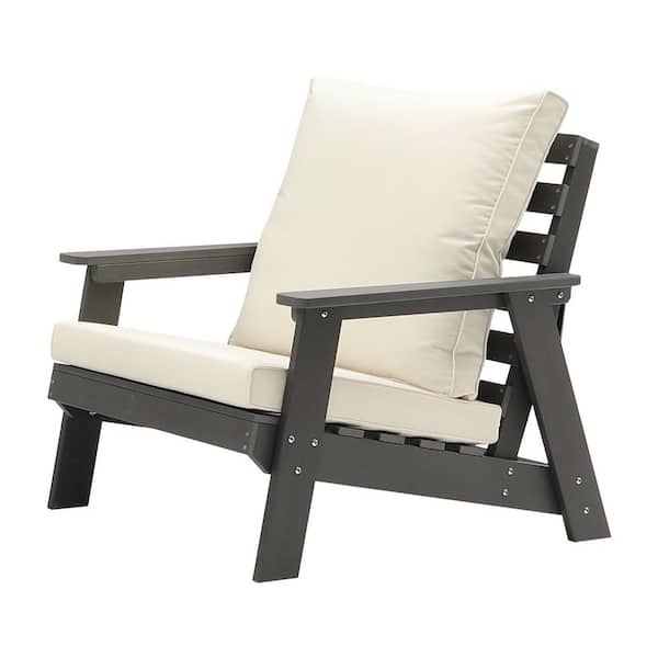 moda furnishings Grey HIPS Wood Grain Outdoor Patio Furniture Lounge Garden Armchair with Beige Thick Cushion