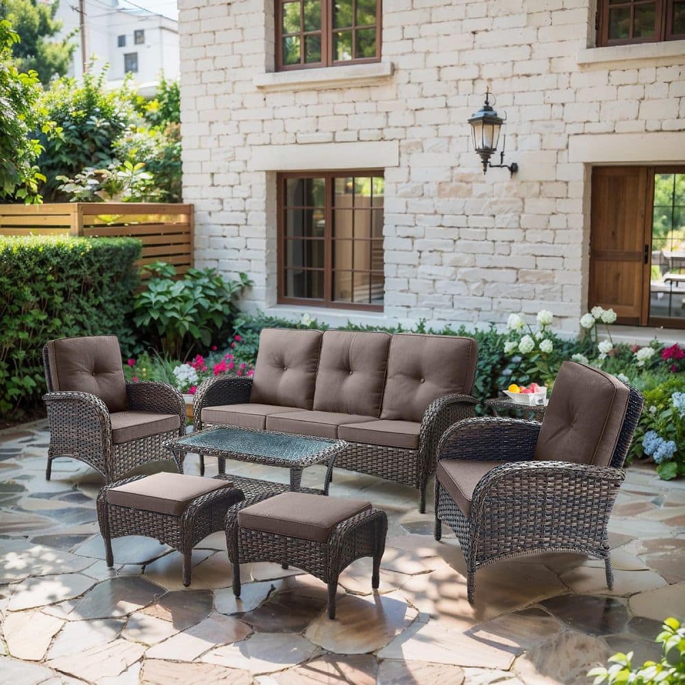 SleekArm 7-Piece Brown Wicker Patio Conversation Set with Olefin Gray Cushion/3-Seat Sofa with Outdoor Lounge Chairs price history on PriceWatchPro