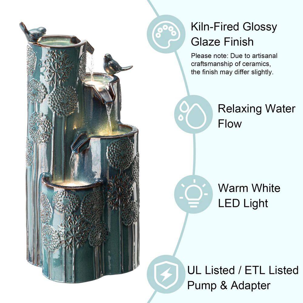 31.75" Turquoise Ceramic 4-Tier Outdoor Fountain with Birds and LED Lights