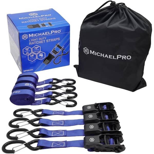 4 Pack 1" x 15' Ratchet Tie Down Straps with S-Hook Safety Latches