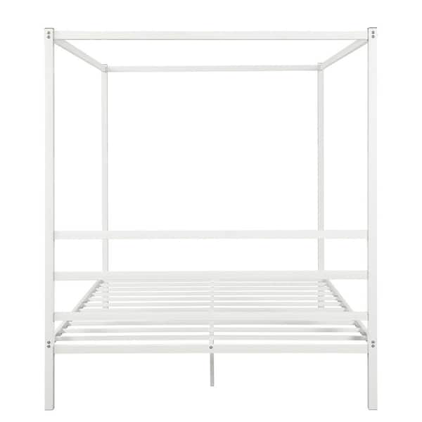 ANBAZAR Queen Size White Canopy Platform Bed with Built in. Headboard, Four-Post Metal Canopy Bed Frame