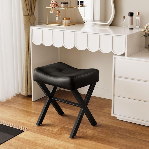Black Alloy Steel 17.7 in. Tall Leather Makeup Vanity Stool with Metal X-Leg and Thick Padded Saddle Seat