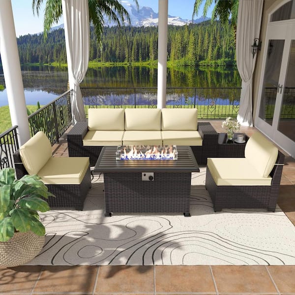 Halmuz 7-Piece Wicker Patio Conversation Set with 55000 BTU Gas Fire Pit Table and Glass Coffee Table and Cream Cushions