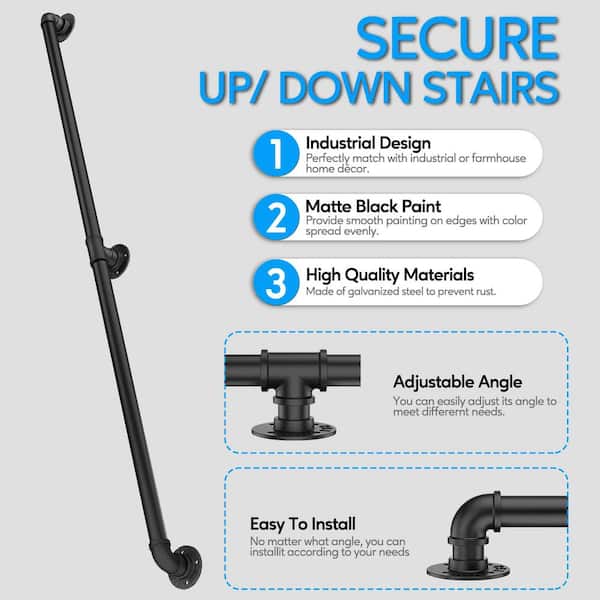 Angel Sar 8 ft. Black Metal Pipe Stair Handrail for Indoor and Outdoor Wall Mount Support
