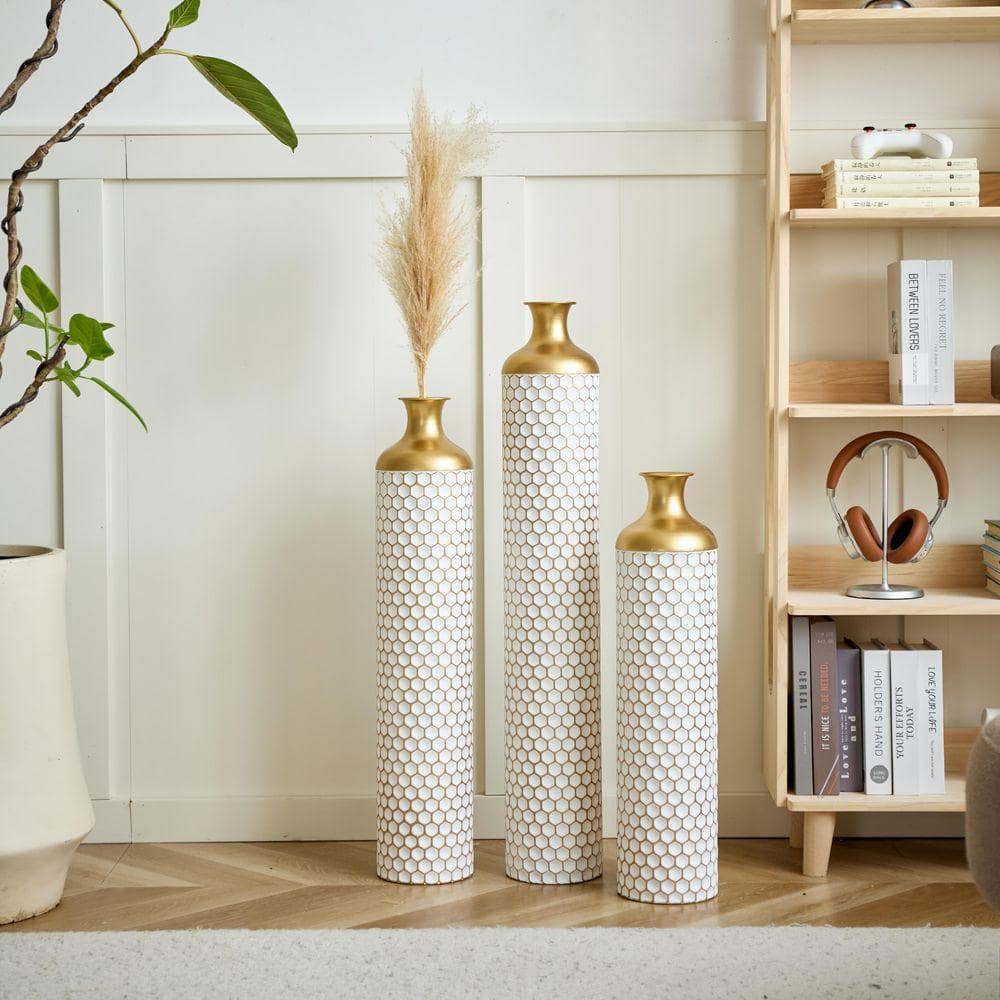Modern Gorgeous 33 in. White Gold Large Glazed Metal Floor Decorative Vase (Set of 3) Droplet Shaped, Home Office Decor price history on PriceWatchPro