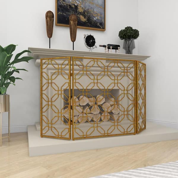Litton Lane Gold Metal Geometric Foldable Mesh Netting 3 Panel Fireplace Screen