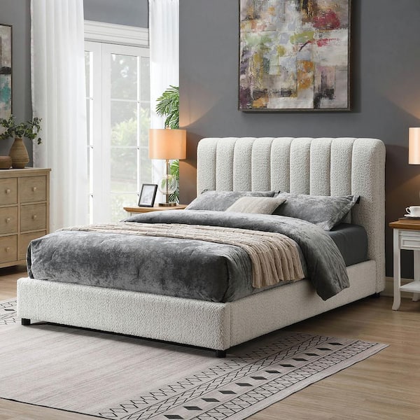 Hurnick White Wood Frame King Platform Bed with Upholstered Headboard