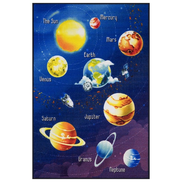 Ottomanson Kid's Play Collection Non-Slip Rubberback Educational Planets 3x5 Kid's Area Rug, 2 ft. 7 in. x 5 ft., Navy Planets