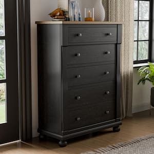 Windcrest Farmhouse Black/Rustic Oak 5-Drawer 38 in. Chest of Drawers With Cedarwood-Lined Bottom Drawers