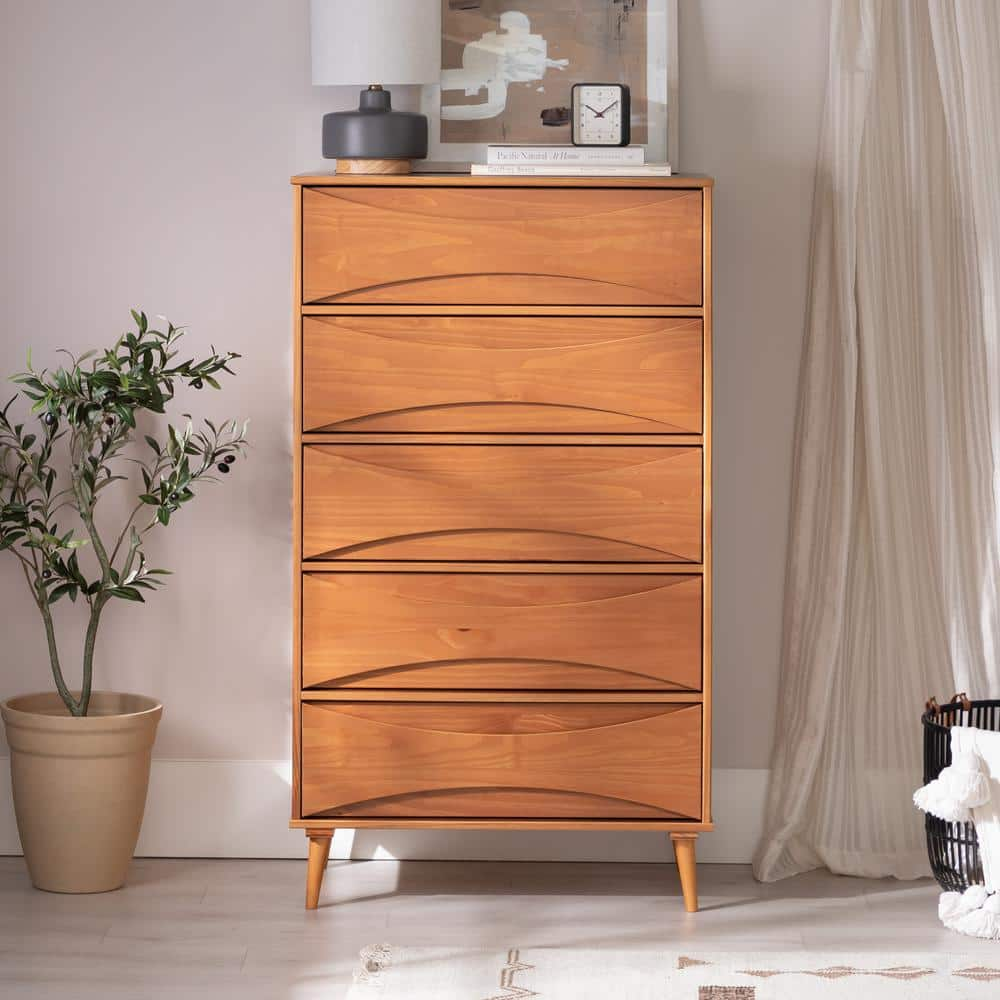 Mid-Century Modern Caramel 5-Drawer 30 in. Chest of Drawers with Curved Detailing -  Welwick Designs, HD9988