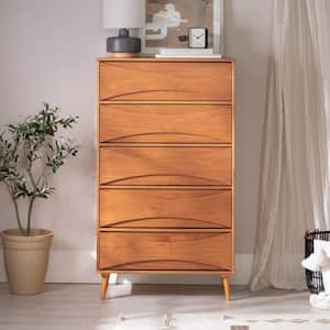 Mid-Century Modern Caramel 5-Drawer 30 in. Chest of Drawers with Curved Detailing