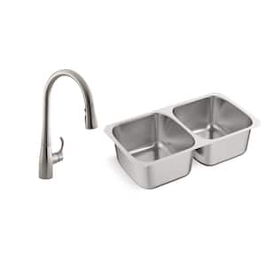Ballad All-in-One Undermount Stainless Steel 31.5 in. Double Bowl Kitchen Sink with Simplice Kitchen Faucet