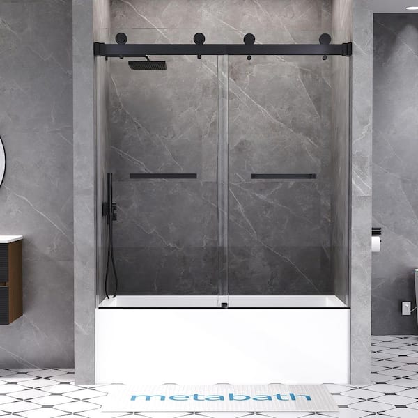 56 to 60 in. W x 66 in. H Double Sliding Frameless Tub Door in Matte Black with 5/16 in. Tempered Clear Glass