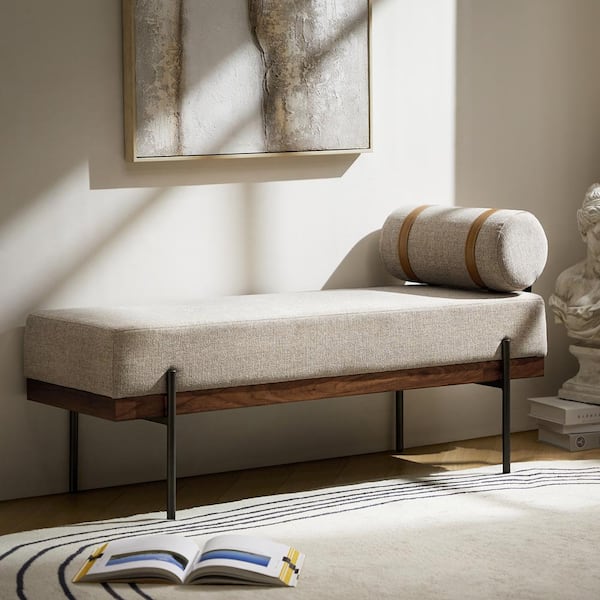 Cayetano Beige Upholstered Bedroom Bench with Metal Legs and Removable Pillow