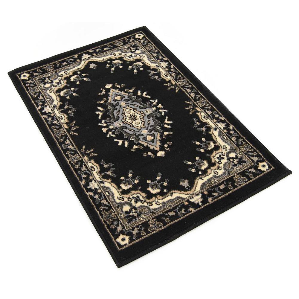 Black and Beige Rectangular Medallion Synthetic Rug