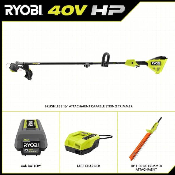 40V HP Brushless 16 in. Cordless Attachment Capable String Trimmer & Hedge Trimmer w/4.0 Ah Battery & Charger