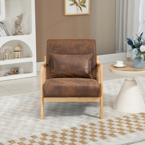 25.6 in. W Brown Mid Century Occasional Chair Wood Frame Cotton Linen Upholstered Reading Armchair with Waist Cushion