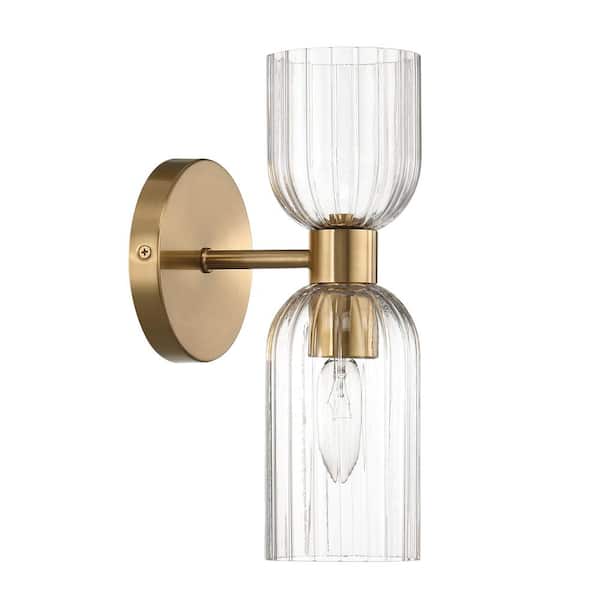 Robert Stevenson Lighting 4.75 in. Josephine 1-Light Brushed Gold Metal Wall Sconce with Clear Ribbed Glass Shade