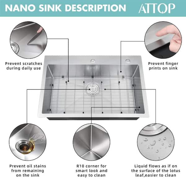 Attop Handmade Stainless steel 33 inch Single Bowl Top Mount