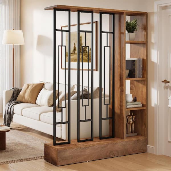 71 in. Brown Wood Room Divider, Modern Freestanding 4-Shelf Room Divider, Wall Partition for Living Room (47" Wide)