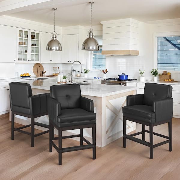 LUE BONA 27 in. Black Faux Leather Upholstered Counter Height Bar Stool Armrests and Wood Frame Counter Stool (Set of 3)