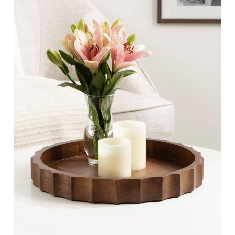 Walnut Brown 15" Round Mango Wood Tray with Wavy Design