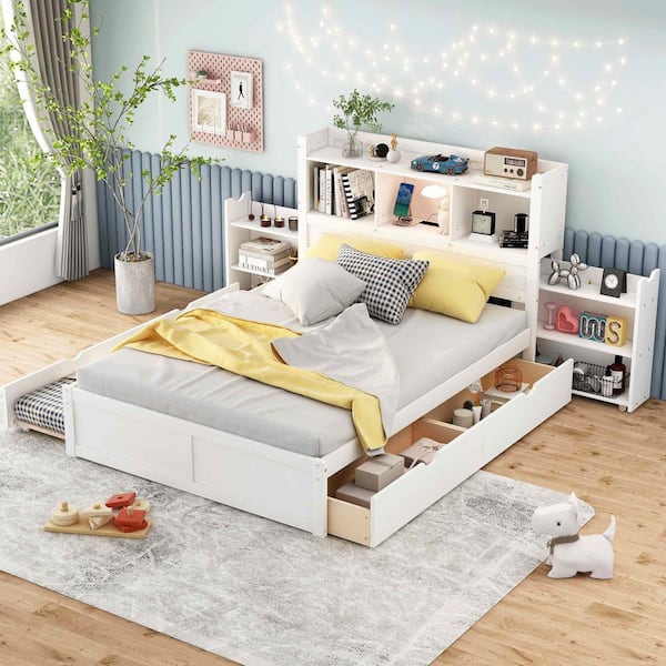 White Wood Frame Full Size Platform Bed with Pull Out Shelves, Twin Size Trundle and (2-Drawers)