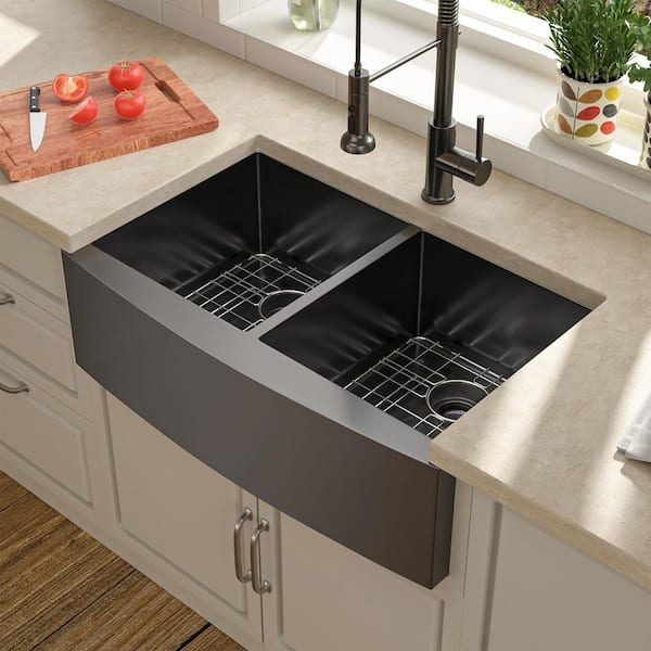 Gunmetal Black 36 in. Farmhouse/Apron-Front Double Bowl 16 Gauge Stainless Steel Kitchen Sink with Basket Strainer