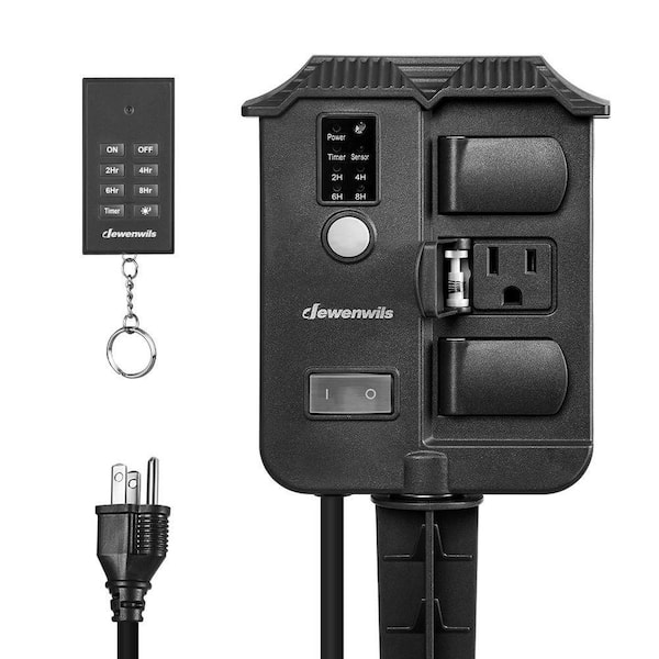 Outdoor Photocell Dusk to Dawn Power Stake Timer Waterproof, Remote Control, 6 Grounded Outlets, 6 ft. Extension Cord