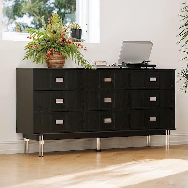 Kingdely Black Wood 9-Drawer 63 in. Wide Dresser with Silver Handles, Metal Legs, Soft-Close Undermount Slides, 9 Drawers Z-KF590033-01