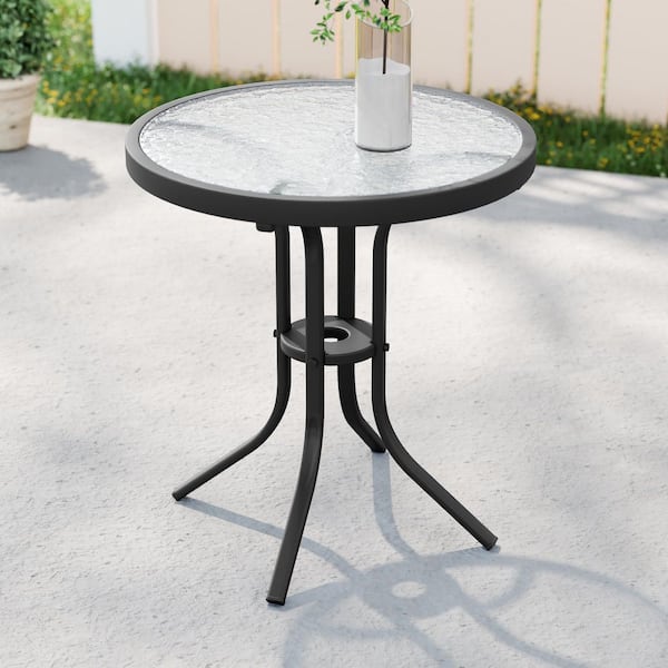 Patio Round Metal Steel Side Frame Outdoor Side Table with Water Rippled Glass Tabletop