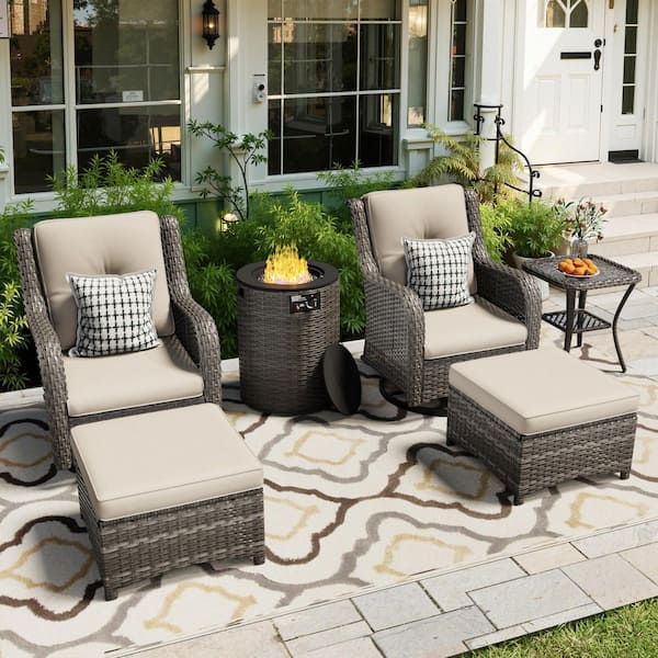 6-Piece Fire Pit Patio Set Wicker Outdoor Patio Conversation Set with Swivel Rocking Chairs, Ottomans and Beige Cushions