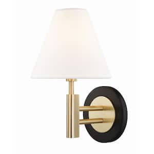 Robbie 1-Light Aged Brass/Black Wall Sconce with Off White Linen Shade