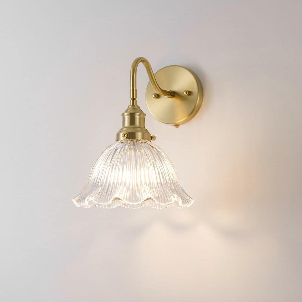 Forma 8.7 in. 1-Light Modern Brass Ribbed Flower Glass Shade Armed Wall Sconce for Bedroom Hallway Bathroom Vanity price history on PriceWatchPro