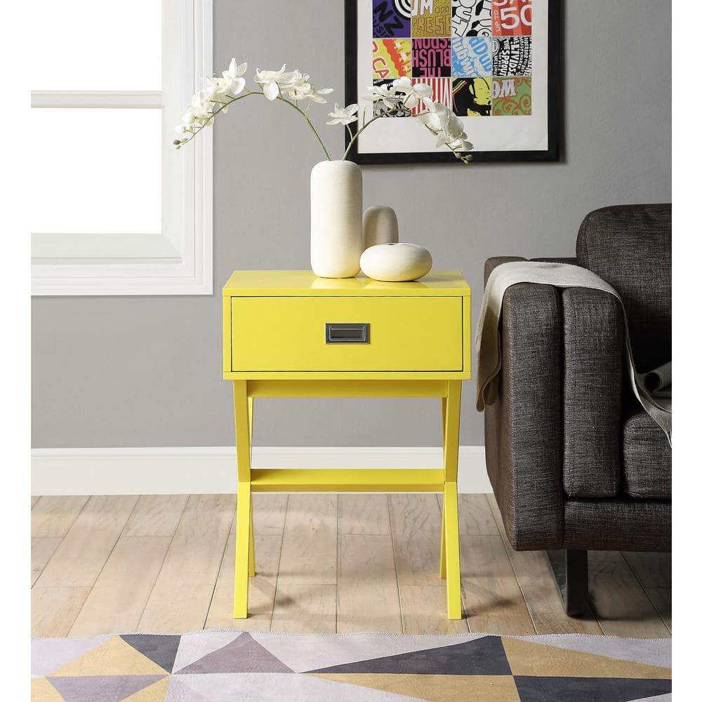 Yellow Wood End Table with Storage Drawer