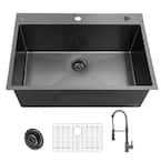 Gunmetal Black Stainless Steel 30 in. 18 Gauge Single Bowl Dual Mount Kitchen Sink with Black Spring Neck Faucet