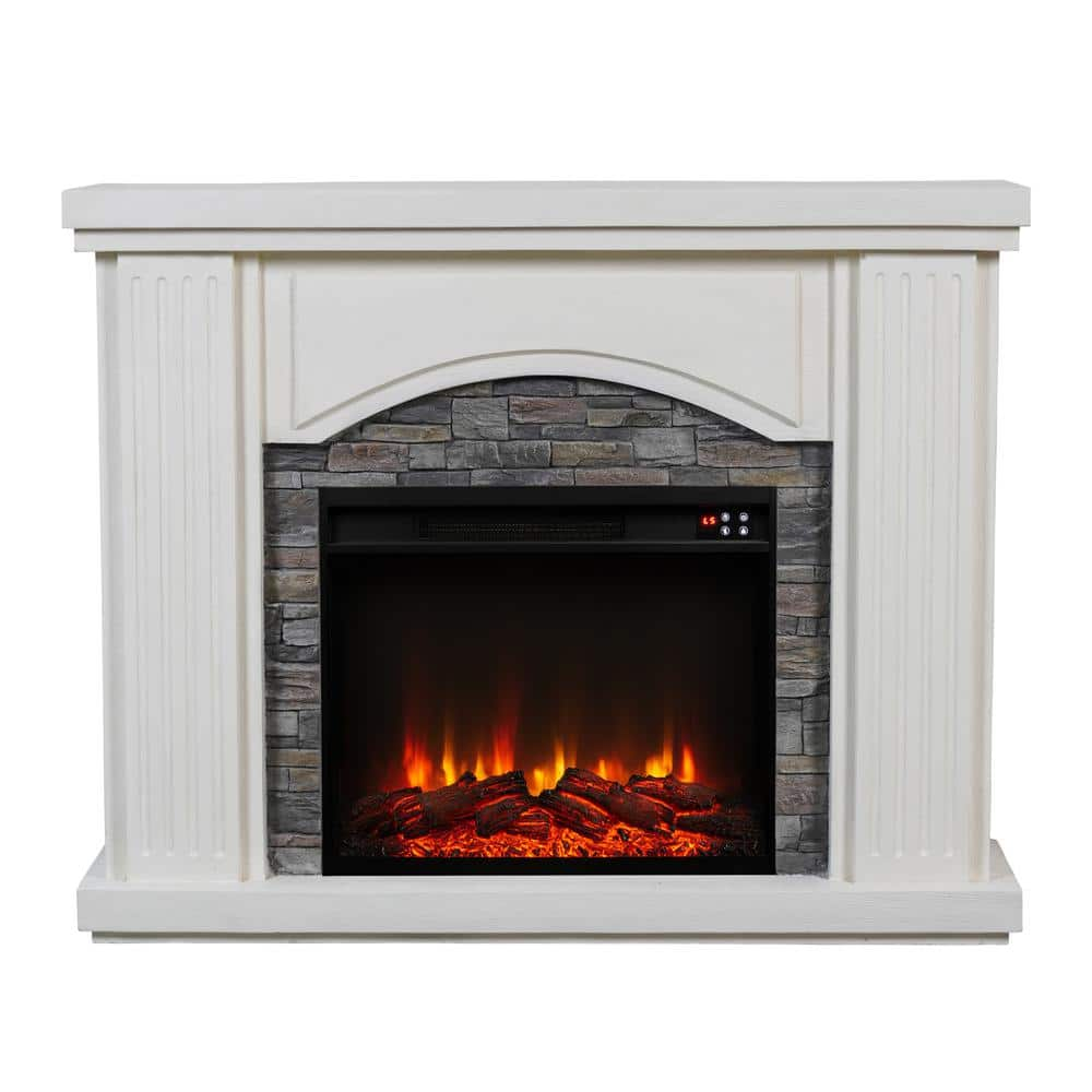 47 in. Stone Surrounded Freestanding Electric Fireplace in White -  FESTIVO, FFP23617