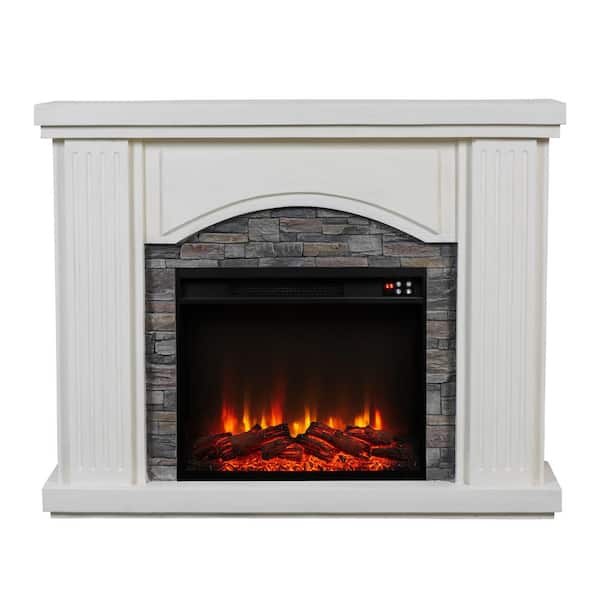FESTIVO 47 in. Stone Surrounded Freestanding Electric Fireplace in White