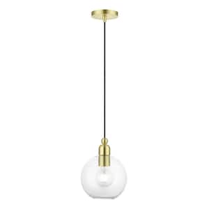 Downtown 1-Light Satin Brass Mini Pendant with Clear Sphere Glass