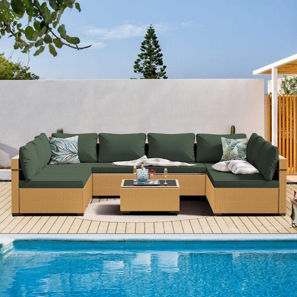 PATIOGUARDER 9-Piece Beige Wicker Patio Conversation Set with Pine Green Cushions and Coffee Table